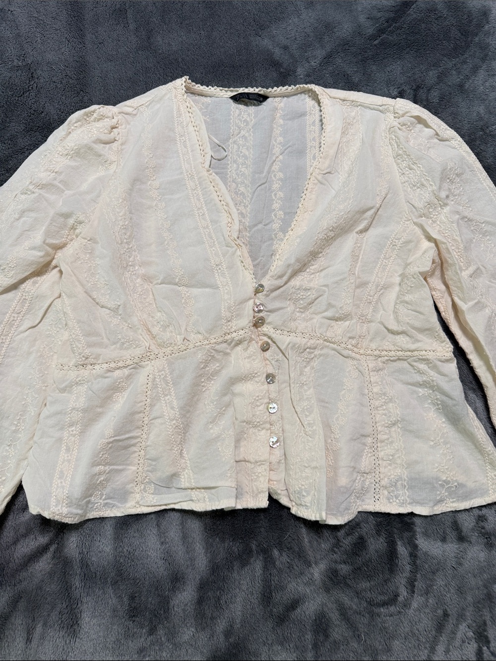 Zara Cream Lace-Trim Button Blouse